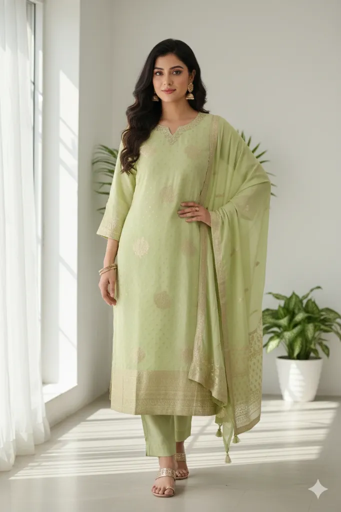 Meher Lime Green Silk Suit Set