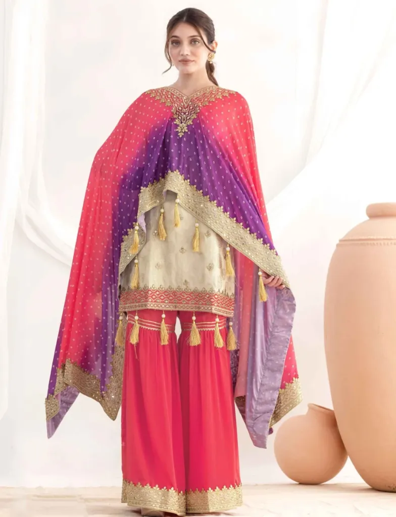Festive Sharara Suit with Heavy Embroidery & Ombre Dupatta