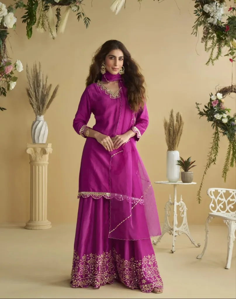 Pink Silk Kurti Palazzo Dupatta For Sangeet Party