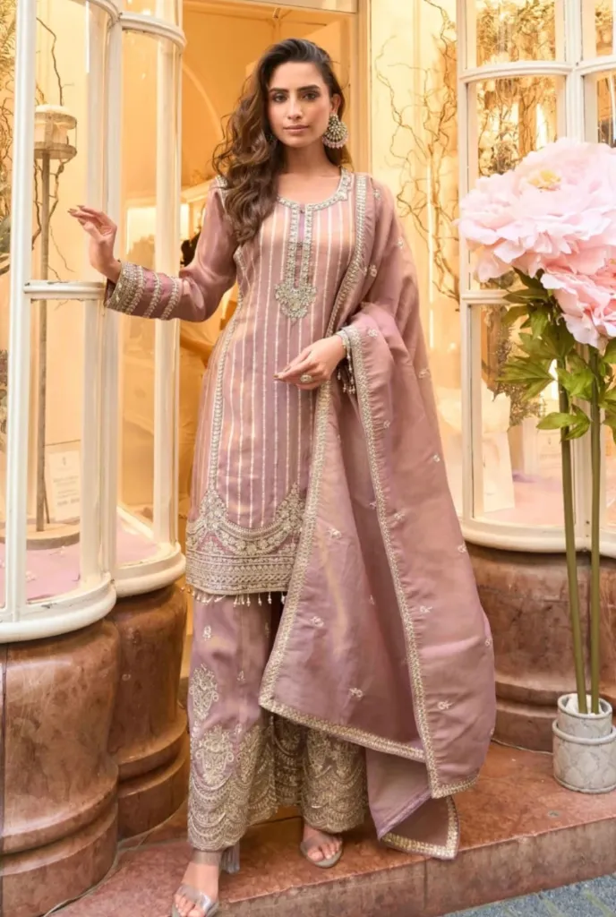Mauve Viscose Gharara Suit With Zari, Beads & Sequins Work