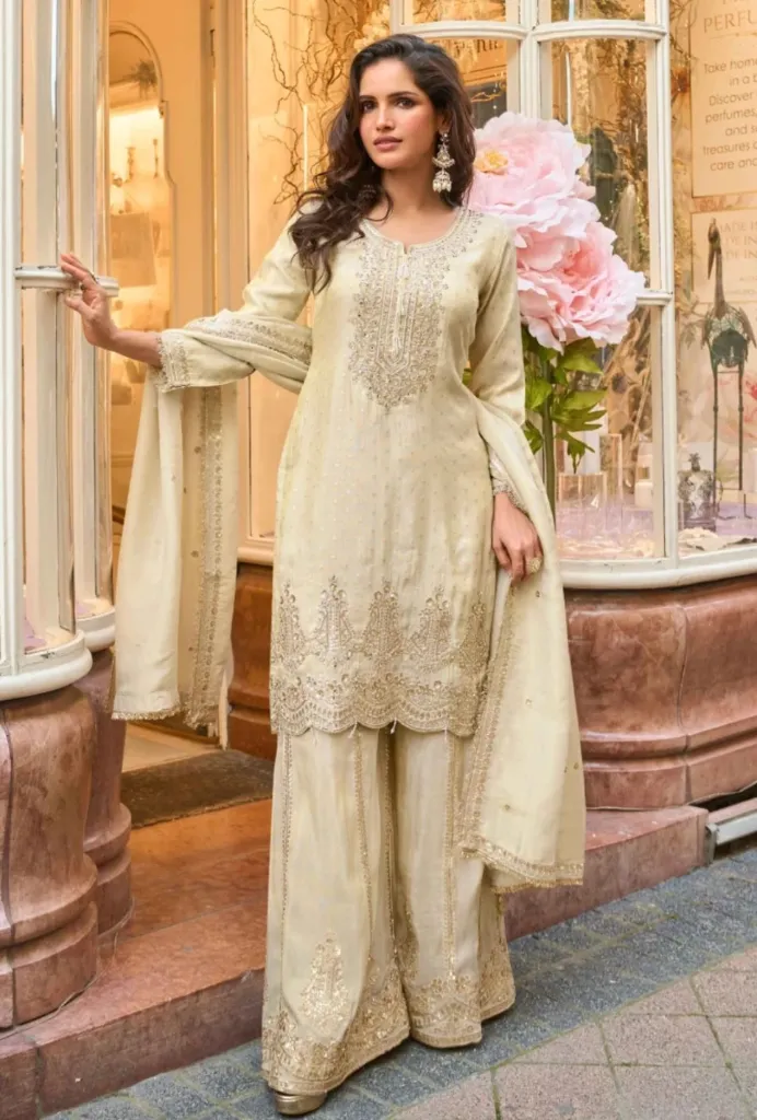 Off-White Viscose Gharara Suit With Zari, Beads & Sequins Work