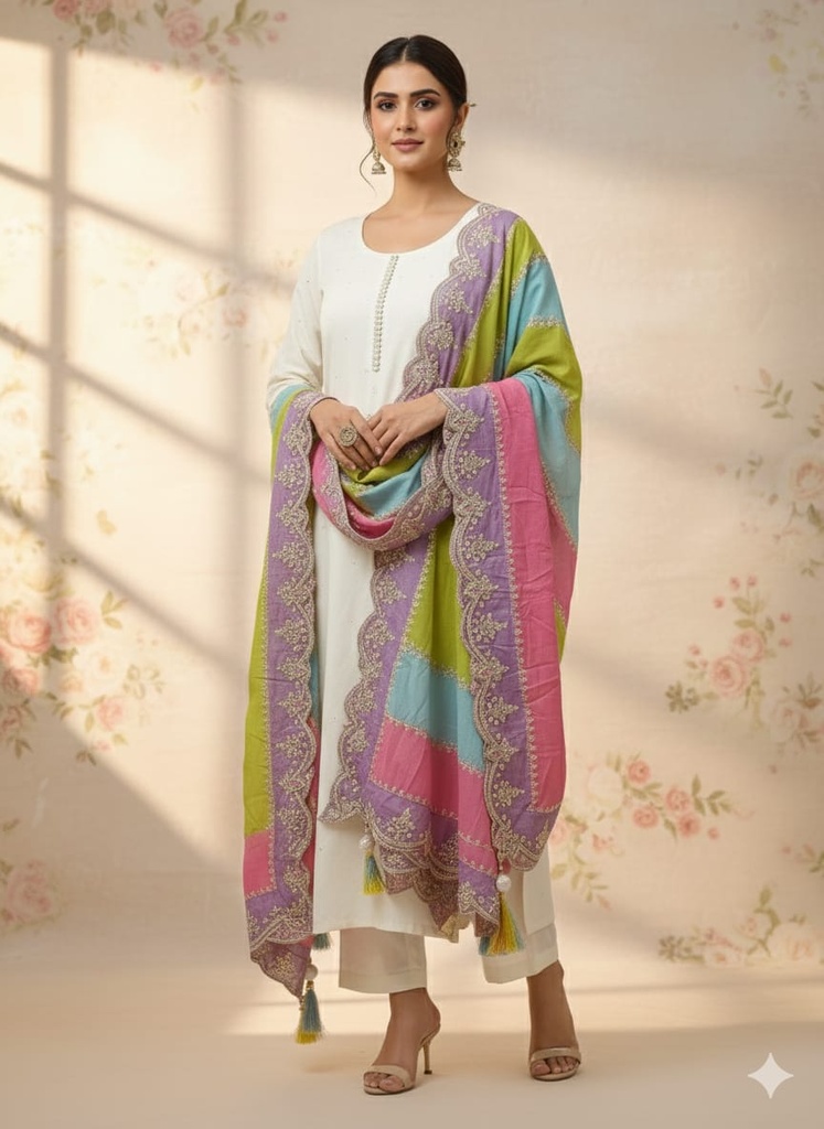 Aira White Suit Set with Multicolor Dupatta