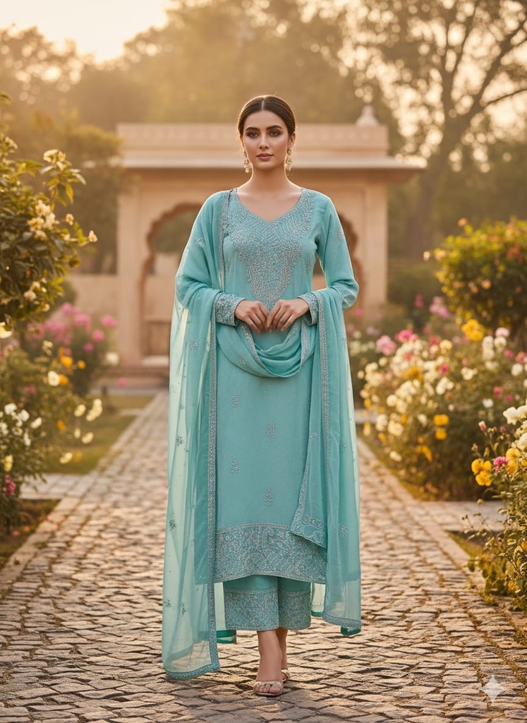 Sky Blue Embroidered Silk Suit Set