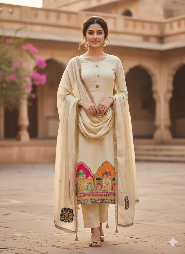 Meher Cream Silk Marwadi Jadau Suit Set