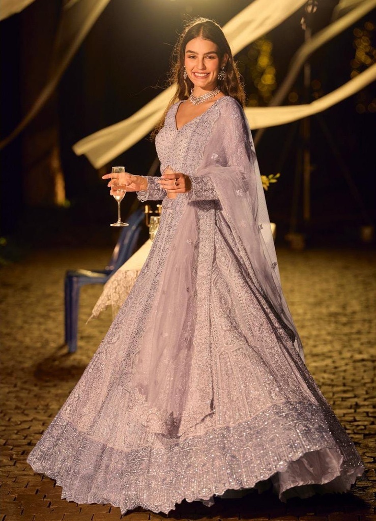 Lavender Grey Heavy Embroidered Net Lehenga with Handwork