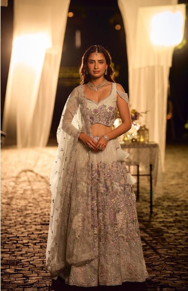 Pearl White Heavy Hand Embroidered Net Lehenga