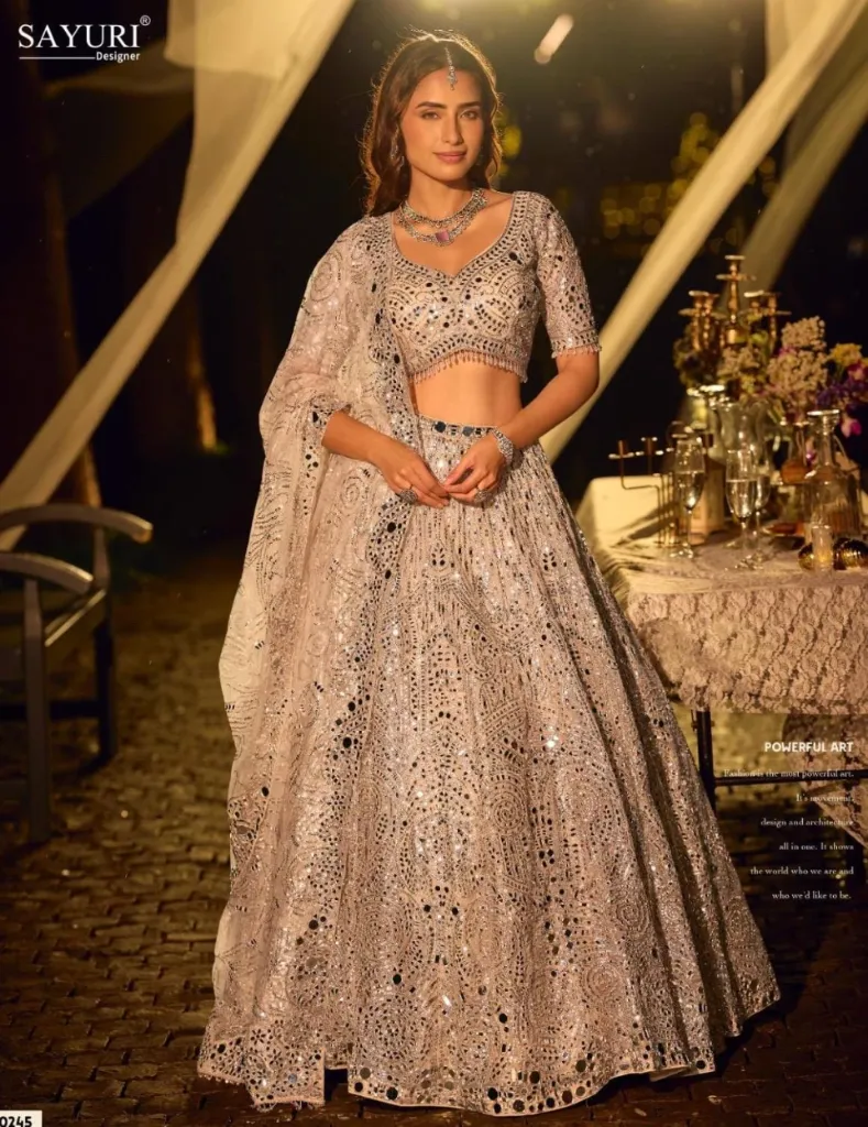 Silver Metallic Mirror Embroidered Heavy Net Lehenga