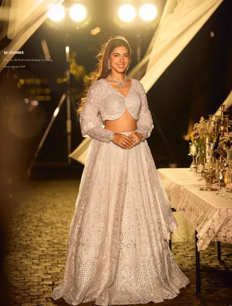 Wedding Partywear White Net Embroidered Lehenga Crop Top Dupatta