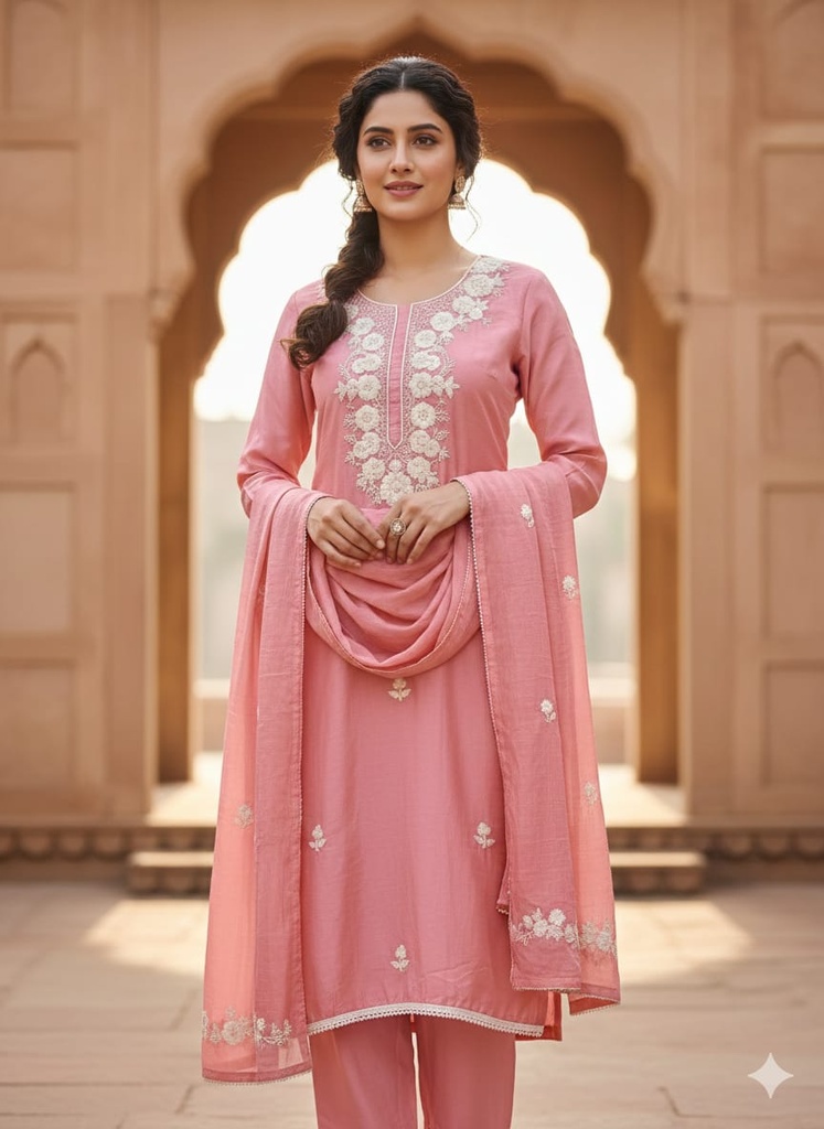 Elina Pastel Pink Roman Silk Suit Set