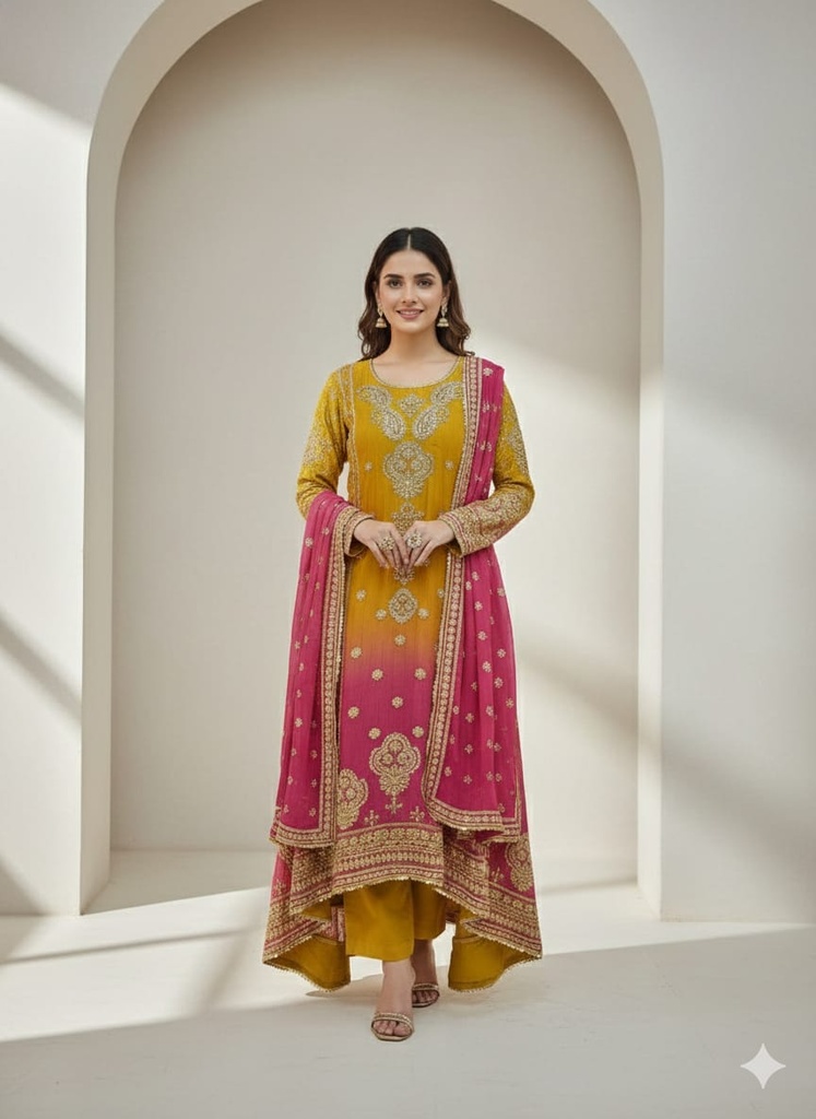 Avni Haldi Yellow & Red Silk C- Cut Suit Set