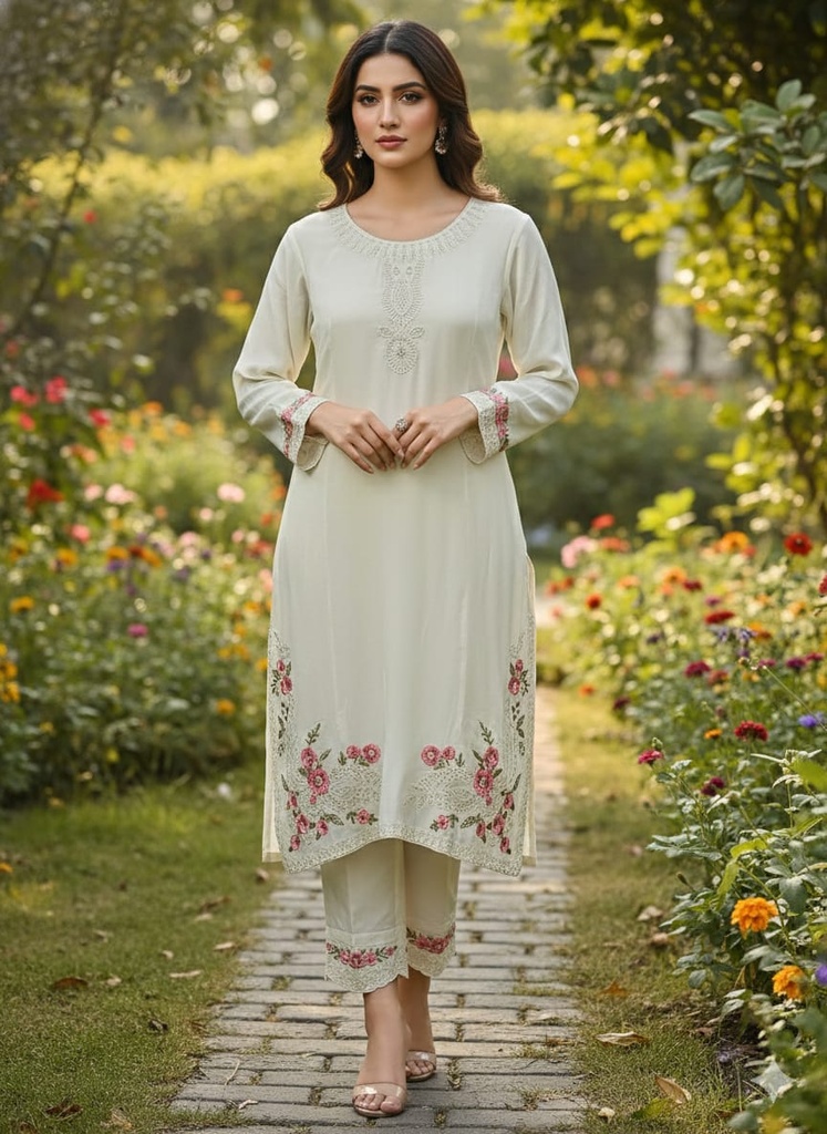 Ivory Bloom Satin Silk Embroidered Coord Set