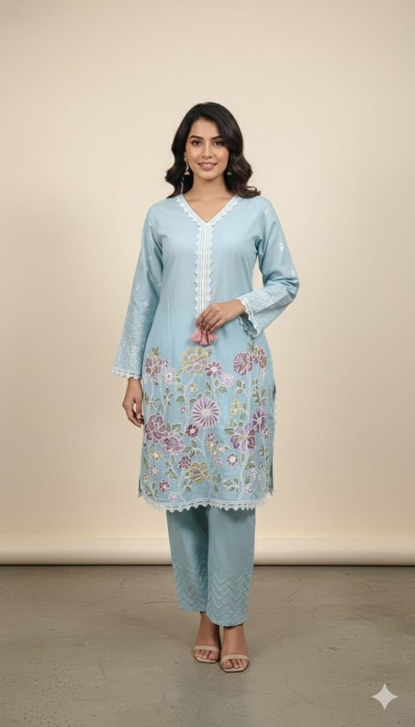 Blue Cotton Embroidered Coord Set