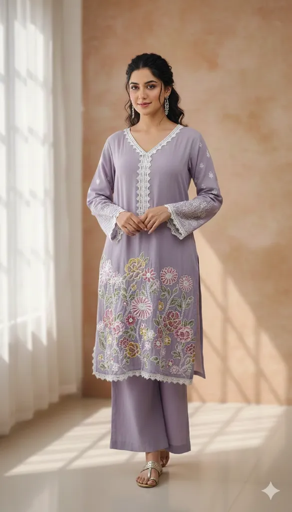 Purple Cotton Embroidered Coord Set