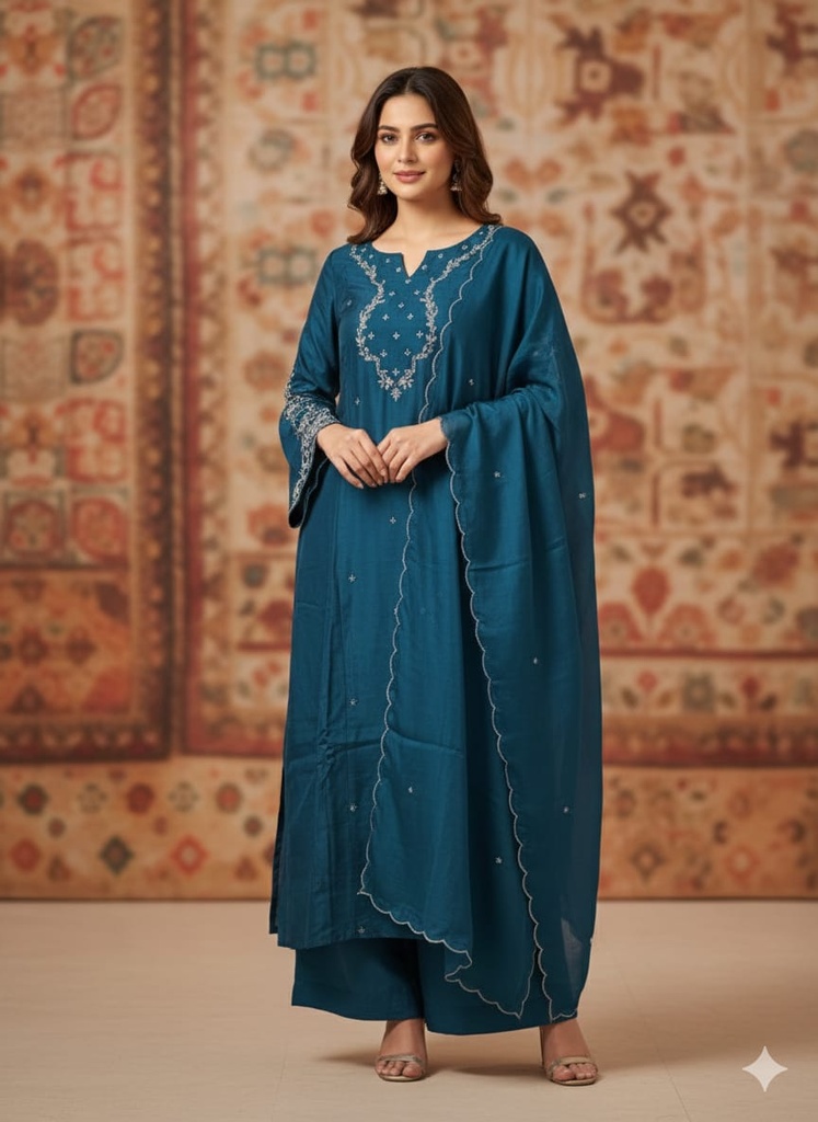 Elina Blue Silk Suit Set