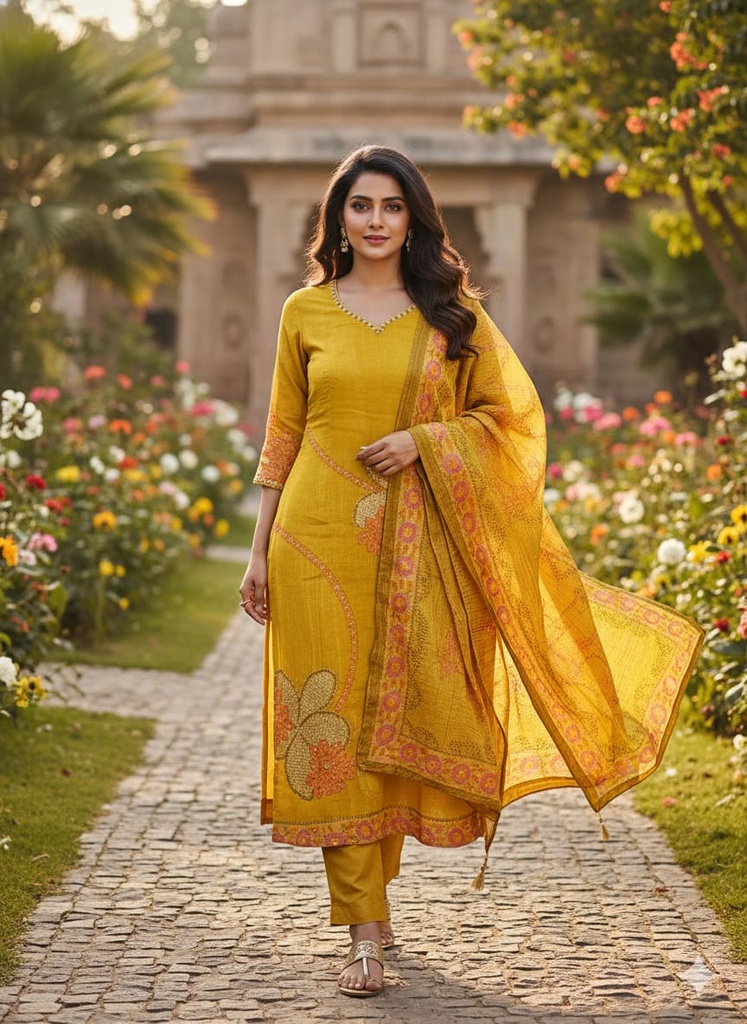 Avni Yellow Silk Suit Set