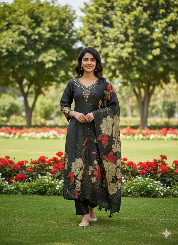 Noor Black Shimmer Silk Suit Set