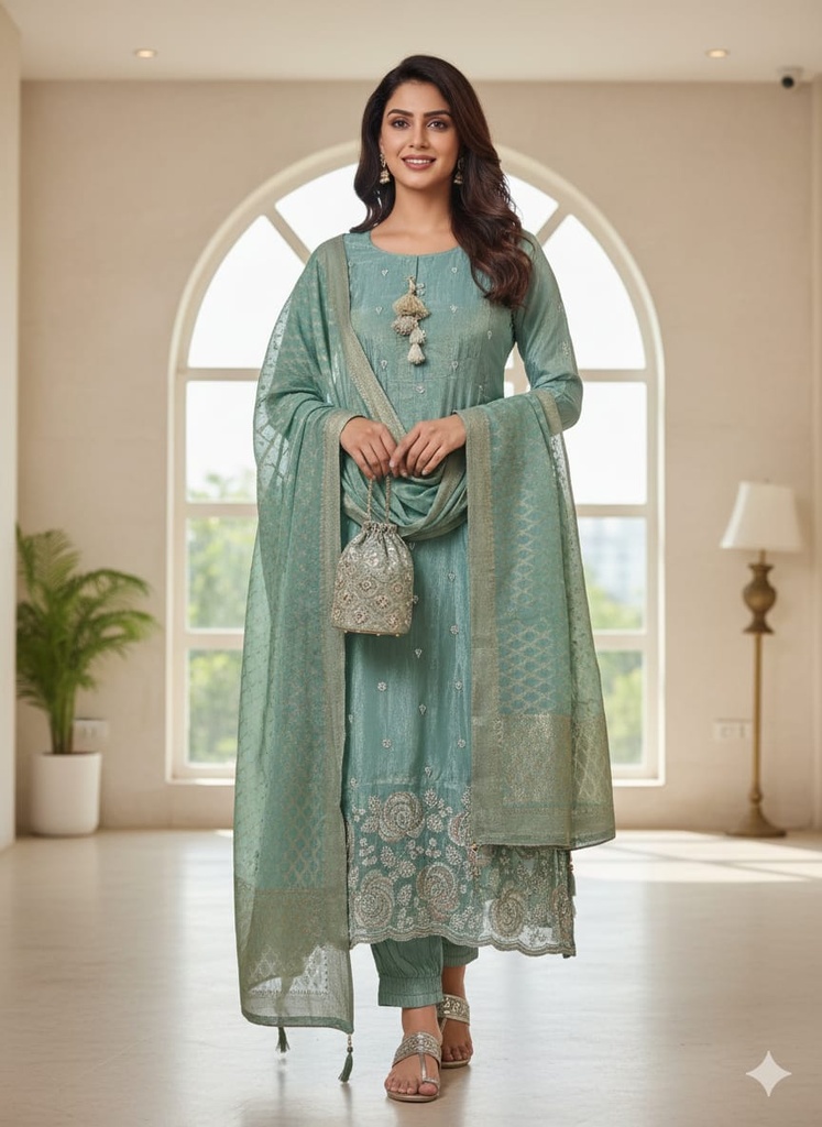 Neelam Blue Shimmer Silk Suit Set