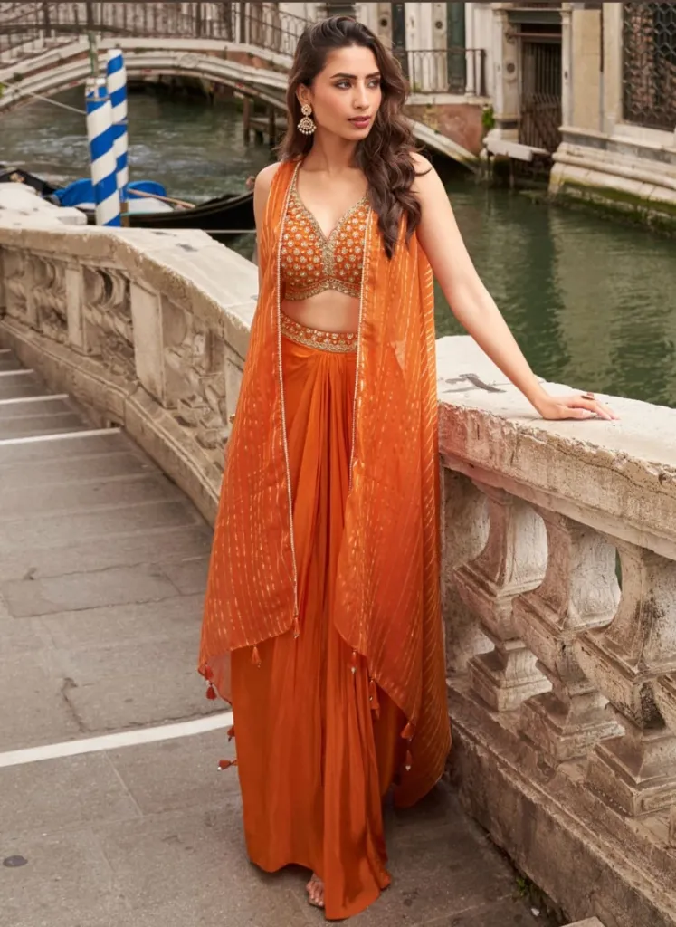 Orange Chinnon Silk Embroidery Indo Western
