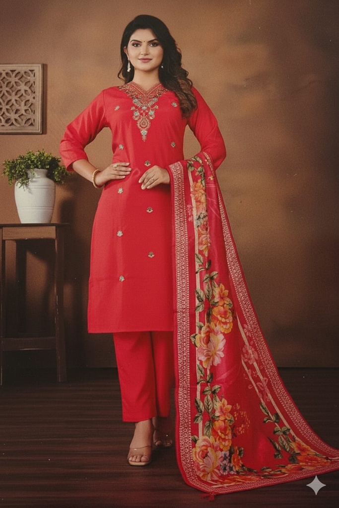 Kiara Red Roman Silk Suit Set
