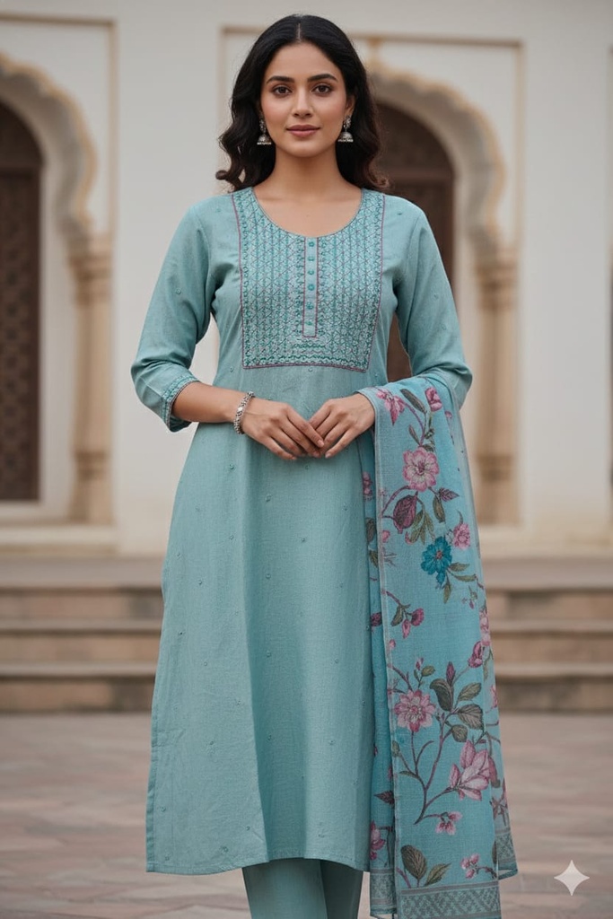 Afiya Blue Cotton Suit Set