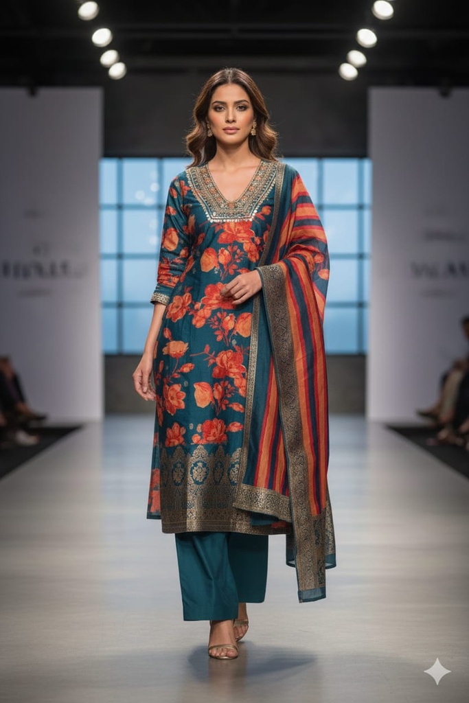 Elora Metallic Blue Silk Suit Set